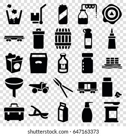 Container icons set. set of 25 container filled icons such as canister, barrel, trash bin, bottle soap, toolbox, truck, ketchup, take away food, garden tools, medicine, milk