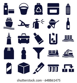 Container icons set. set of 25 container filled icons such as bucket, trash bin, cream, cream tube, trash bag, toolbox, cutter, construction, ketchup, garden tools