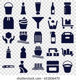 Container icons set. set of 25 container filled icons such as bucket, cream tube, cream, cleanser, ketchup, handle with care, cargo on cart, cargo container, cargo ship