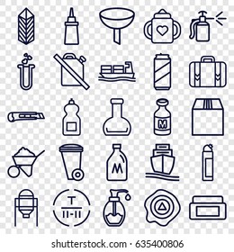 Container icons set. set of 25 container outline icons such as milk can, tank, baby bottle, cream box, trash bin, cleanser, construction, ketchup, spray bottle, soap, milk