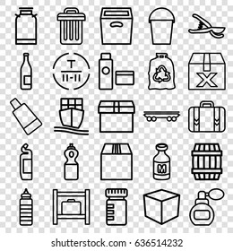 Container icons set. set of 25 container outline icons such as luggage storage, canister, barrel, perfume, cream tube, cleanser, trash bag, garden tools, bucket, milk