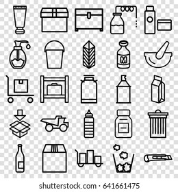 Container icons set. set of 25 container outline icons such as luggage storage, canister, cream tube, trash bin, chest, spray paint, truck, bucket, soap, milk, cargo
