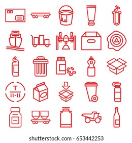 Container icons set. set of 25 container outline icons such as canister, cream tube, trash bin, bucket, cleanser, truck, take away food, medicine, box, arrow up