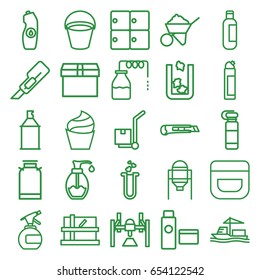 Container icons set. set of 25 container outline icons such as trash bin, luggage storage, canister, bucket, tank, parcel, bottle, spray bottle, cream, cleanser, cutter