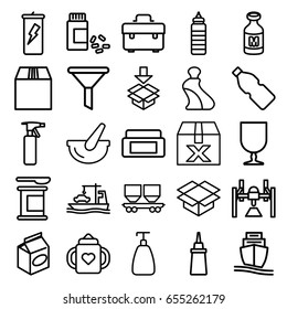Container icons set. set of 25 container outline icons such as baby bottle, cream box, spray bottle, soap, cream tube, toolbox, ketchup, take away food, medicine, milk