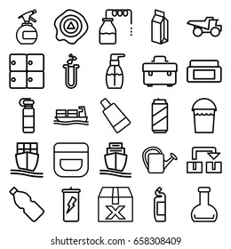 Container icons set. set of 25 container outline icons such as luggage storage, canister, cream box, spray bottle, cream, cream tube, bucket, bottle soap, cleanser, toolbox