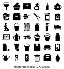 Container icons. set of 36 editable filled container icons such as canister, bucket, trash bin, parcel, baby bottle, spray bottle, cream, cream tube, trash bag, chest, truck