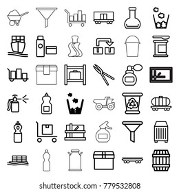 Container icons. set of 36 editable outline container icons such as trash bin, barrel, luggage storage, parcel, perfume, recycle bin, cleanser, box, luggage, filter