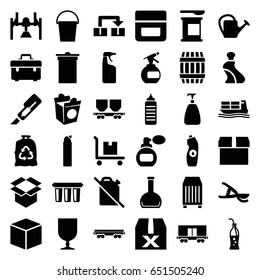 Container icons set. set of 36 container filled icons such as barrel, perfume, spray bottle, soap, cream tube, cream, trash bin, cleanser, trash bag, toolbox, cutter