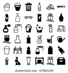 Container icons set. set of 36 container filled and outline icons such as canister, bucket, luggage storage, perfume, cream tube, cleanser, spray paint, water bottle