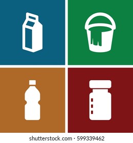 container icons set. Set of 4 container filled icons such as bucket, milk, bottle