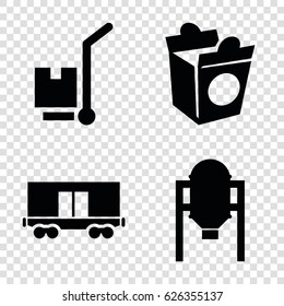 Container icons set. set of 4 container filled icons such as tank, take away food, cargo on cart