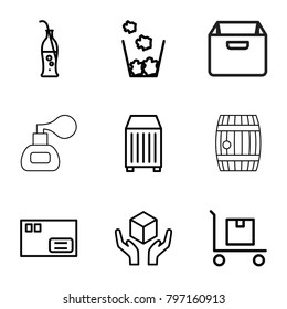 Container icons. set of 9 editable outline container icons such as parcel, handle with care, cargo on cart, cargo container, soda bottle, trash bin, barrel, perfume