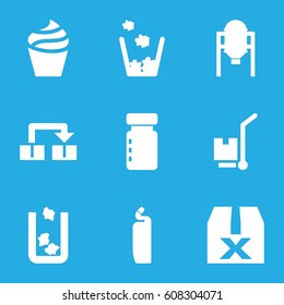 Container icons set. set of 9 container filled icons such as tank, trash bin, cream, cleanser, cargo on cart, object move, question box
