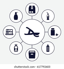 Container icons set. set of 9 container filled icons such as parcel, bottle soap, garden tools, medicine, milk, cargo container, box, soda bottle