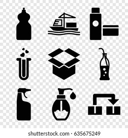 Container icons set. set of 9 container filled icons such as cleanser, soap, box, cargo ship, heart test tube, soda bottle, cream tube