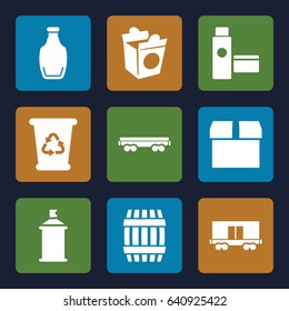 Container icons set. set of 9 container filled icons such as barrel, recycle bin, spray paint, take away food, cargo wagon, bottle, cream tube