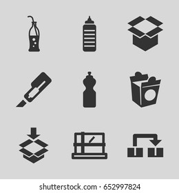 Container icons set. set of 9 container filled icons such as parcel, cutter, take away food, box, soda bottle, object move