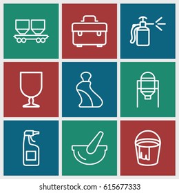 Container icons set. set of 9 container outline icons such as tank, cream tube, bucket, cleanser, toolbox, spray bottle, fragile cargo