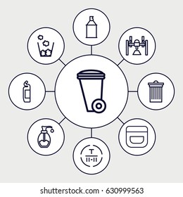 Container icons set. set of 9 container outline icons such as cream, trash bin, cleanser, spray paint, soap, cargo terminal