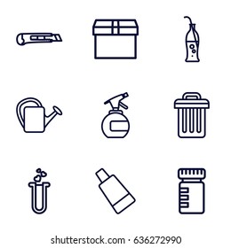 Container icons set. set of 9 container outline icons such as spray bottle, cream tube, watering can, heart test tube, cutter, soda bottle, trash bin, box
