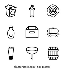 Container icons set. set of 9 container outline icons such as barrel, cream tube, take away food, arrow up, cargo wagon, heart test tube, bottle, filter