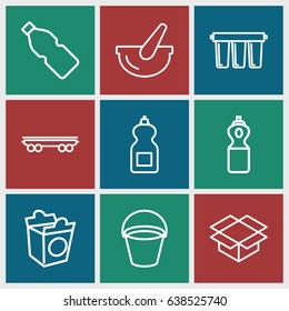 Container icons set. set of 9 container outline icons such as bucket, cleanser, take away food, box, cargo wagon, filter, bottle