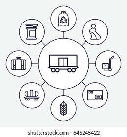 Container icons set. set of 9 container outline icons such as cream tube, trash bag, cargo, cargo on cart, cargo wagon, luggage, parcel