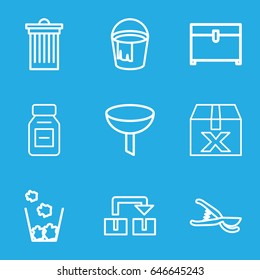 Container icons set. set of 9 container outline icons such as trash bin, bucket, chest, garden tools, medicine, filter, question box