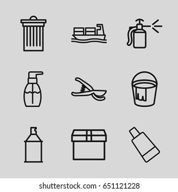 Container icons set. set of 9 container outline icons such as cream tube, trash bin, bucket, bottle soap, spray paint, garden tools, spray bottle, cargo ship