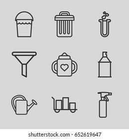 Container icons set. set of 9 container outline icons such as baby bottle, spray bottle, bucket, spray paint, watering can, heart test tube, trash bin, luggage