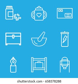 Container icons set. set of 9 container outline icons such as luggage storage, tank, baby bottle, chest, medicine, bucket, parcel, fitness bottle