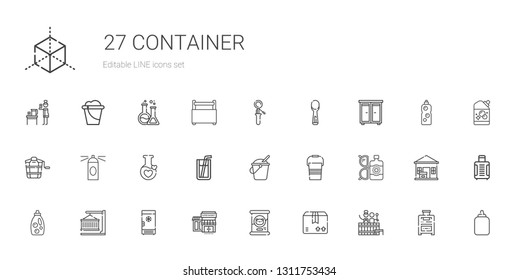 container icons set. Collection of container with barrel, package, cat food, supermarkets, freezer, detergent, sun lotion, bucket, soda. Editable and scalable container icons.
