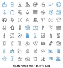 container icons set. Collection of container with barrel, box, watering, trash, suitcase, ship, sun cream, perfume, products, detergent. Editable and scalable container icons.