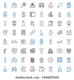 container icons set. Collection of container with coffee cup, flask, perfume, package, shelf, wiping, garbage, drawer, popcorn, recycle bin. Editable and scalable container icons.