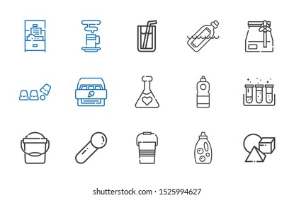 container icons set. Collection of container with cubes, detergent, bucket, scoop, test tube, potion, cabinet, cup, paper bag, bottle, soda. Editable and scalable container icons.