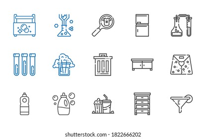 Containersymbole gesetzt. Sammelbehälter mit Filter, Schublade, Popcorn, Waschmittel, Papierbeutel, Müll, Kolben, Prüfröhre, Kühlschrank, Produkt. Bearbeitbare und skalierbare Containersymbole.