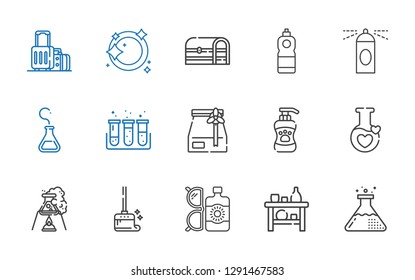 container icons set. Collection of container with flask, shelf, sun lotion, wiping, potion, shampoo, paper bag, test tube, spray, detergent. Editable and scalable container icons.
