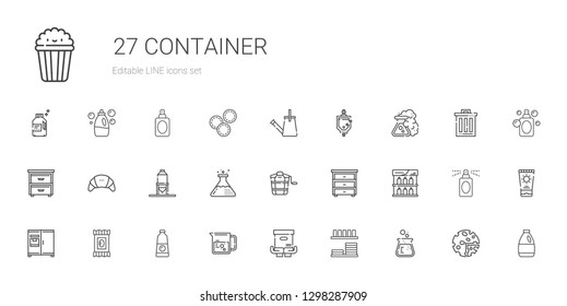 container icons set. Collection of container with flask, dinnerware, package, beaker, detergent, makeup remover wipes, fridge, shelf, drawer. Editable and scalable container icons.
