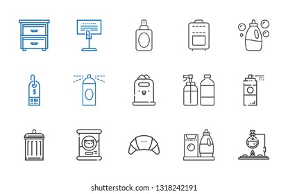 container icons set. Collection of container with flask, detergent, products, cat food, garbage, paint spray, spray, paper bin, hairspray. Editable and scalable container icons.