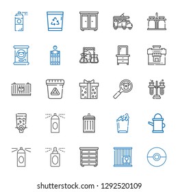 container icons set. Collection of container with pokeball, crate, drawer, perfume, hairspray, watering can, paper bag, garbage, dispenser. Editable and scalable container icons.