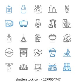 container icons set. Collection of container with test tube, package, suitcase, perfume, watering, bucket, cubes, drawer, pokeball, flask. Editable and scalable container icons.