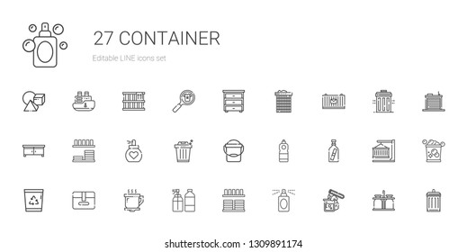 container icons set. Collection of container with test tube, perfume, crockery, spray, coffee cup, package, recycle bin, message in a bottle. Editable and scalable container icons.