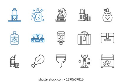 container icons set. Collection of container with toolbox, flask, filter, supermarket, detergent, package, suitcase, dispenser, sun lotion. Editable and scalable container icons.
