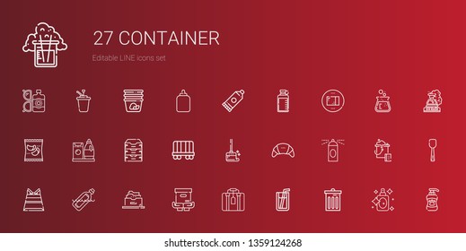 container icons set. Collection of container with trash, soda, suitcase, package, filing cabinet, bottle, paper bag, spray, products, wiping. Editable and scalable container icons.