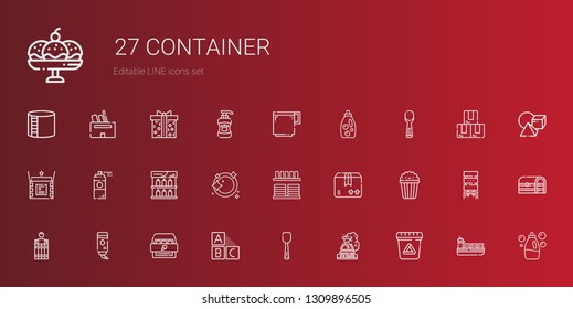 container icons set. Collection of container with waste, flask, scoop, cubes, cabinet, water, barrel, popcorn, package, crockery, dishwashing. Editable and scalable container icons.