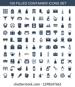 container icons. Trendy 100 container icons. Contain icons such as cargo on cart, arrow up, box, medicine, spray bottle, water bottle, take away food. container icon for web and mobile.