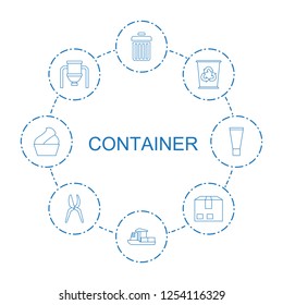 container icons. Trendy 8 container icons. Contain icons such as trash bin, cargo ship, recycle bin, tank, cargo container, garden tools, cream. container icon for web and mobile.