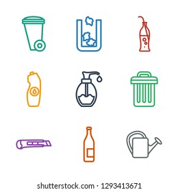 container icons. Trendy 9 container icons. Contain icons such as watering can, bottle, cutter, trash bin, soap, water bottle, soda bottle. container icon for web and mobile.