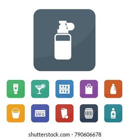 Container icons. vector collection filled container icons such as barrel, trash bin, bucket, detergent bottle, modular house, shopping bag, spray, uv cream, cocktail